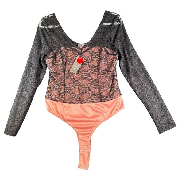 Bold Elements Women's Lace & Satin Bodysuit With Long Sleeves Black Peach  Size - Picture 1 of 5